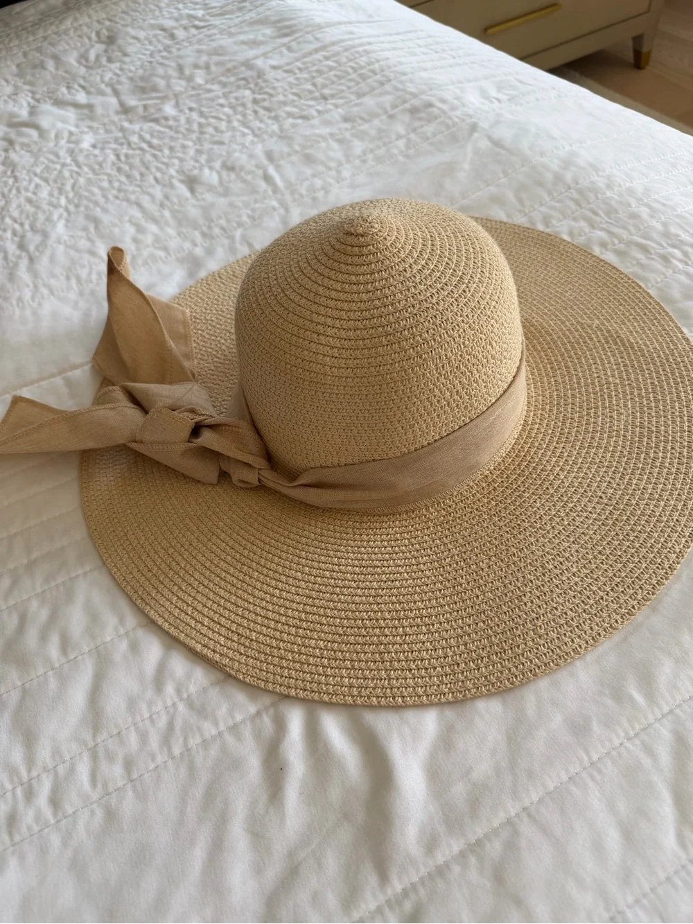Wide Brim Straw Sun Hat with Bow - Beige